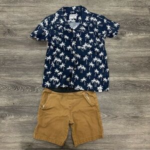 Boy Bundle Free Planet Navy/White Palm Tree Button Down and 365 kids Tan Shorts